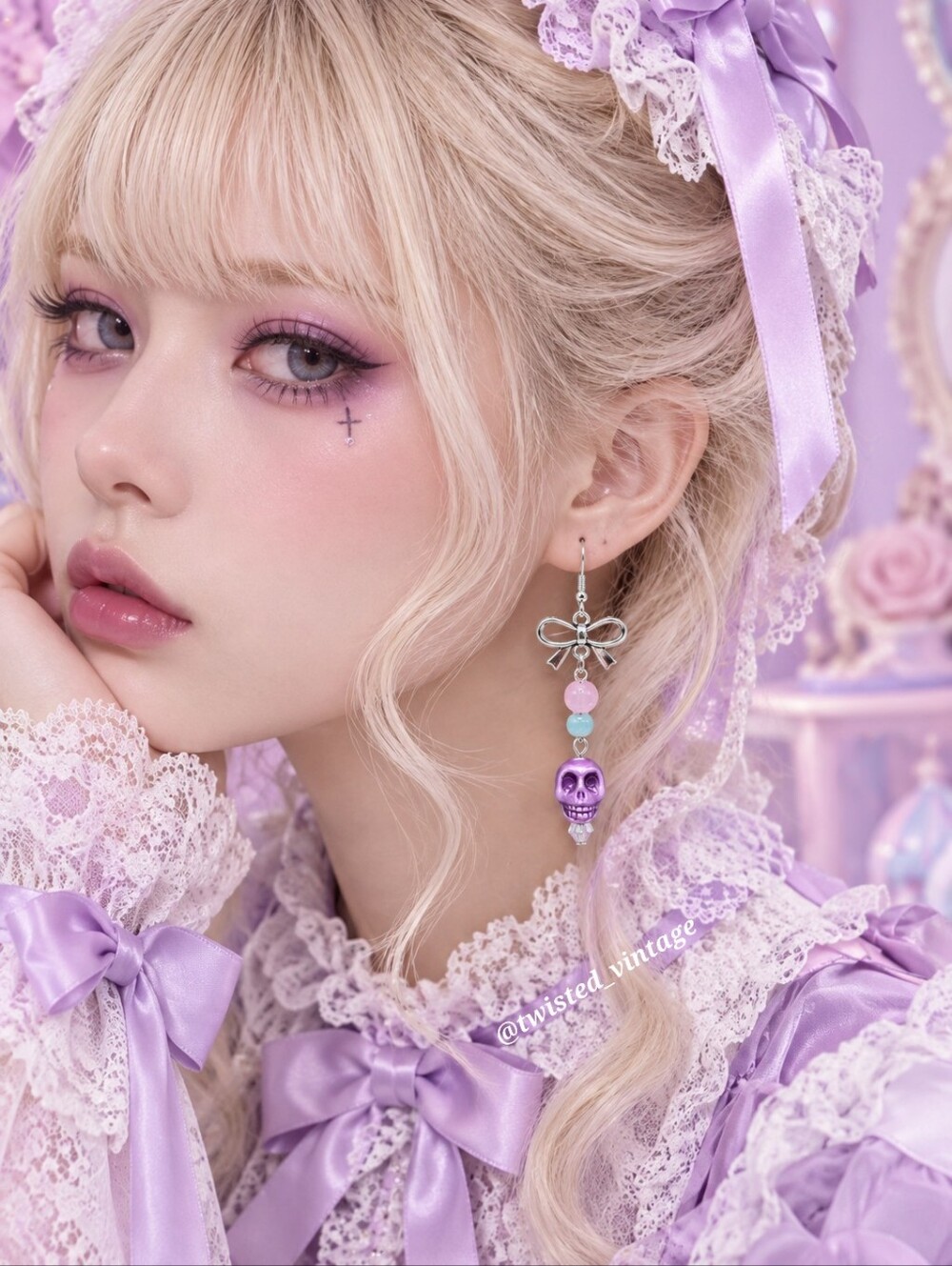 Handmade Pastel Goth Bow Ceramic Purple Skull Long Dangle Glass Beaded Earrings